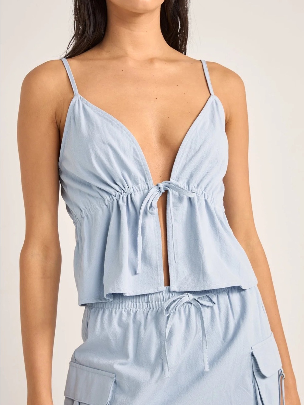 Rhythm Dolly Cotton Poplin Tie Front Ruffle Top | Dusty Blue | Large